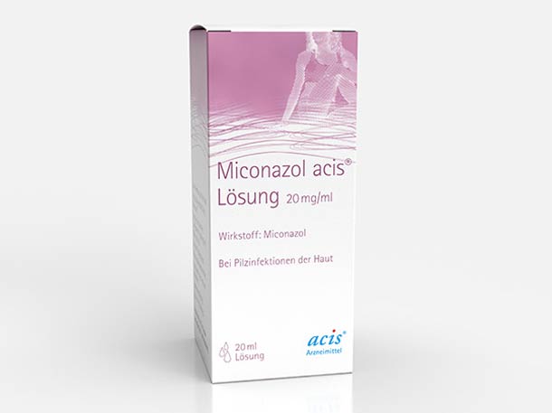 Schachtel mit Miconazol acis Lösung 20 mg/ml, gegen Pilzinfektionen der Haut, mit weiß-rosa Verpackung.