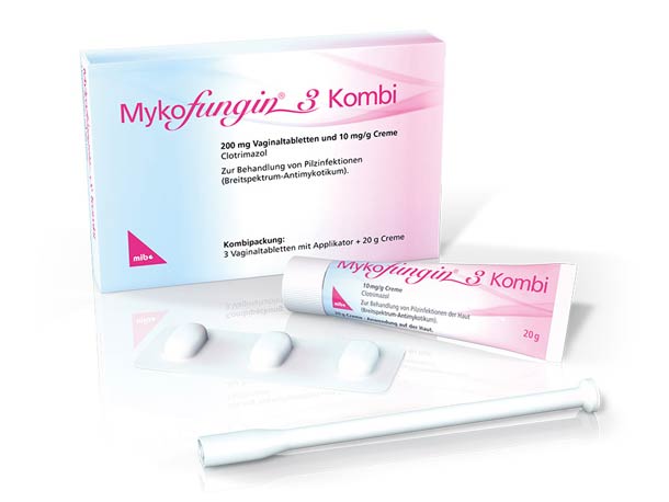 Schachtel mit der Aufschrift „Mykofungin-3 Kombi“, einer Tube Creme, einer Blisterpackung  mit Vaginaltabletten und einem Applikator auf der Vorderseite.
