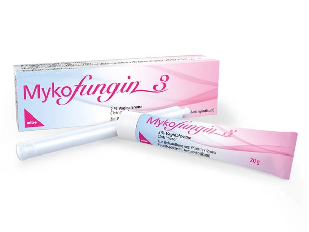 Schachtel und Tube Mykofungin 3 Vaginalcreme mit Applikator zur antimykotischen Behandlung.