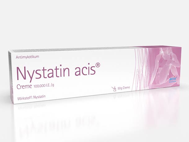 Eine Schachtel Nystatin acis Creme 100.000 I.E./g, gekennzeichnet als Antimykotikum mit dem Wirkstoff Nystatin, 50g Tube, mit einer Darstellung einer Frau, in weiß-rosa Verpackung.