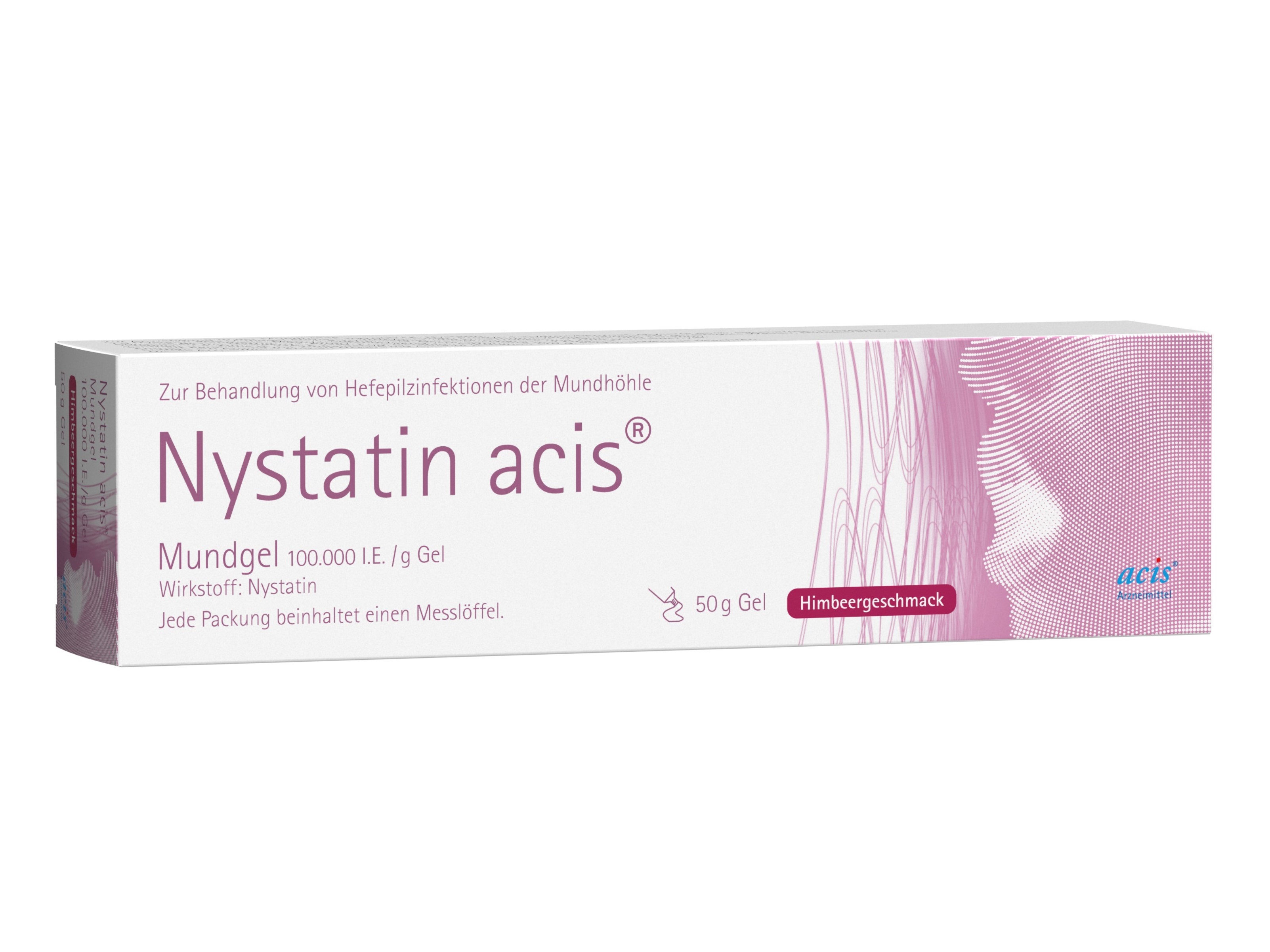 Schachtel Nystatin-acis Mundgel 100.000 I.E./g, 50 g Gel, gegen Hefepilzinfektionen im Mund, Himbeergeschmack, mit rosa-weißem Design und einer Darstellung eines Gesichtsausschnitts mit Fokus auf den Mund.