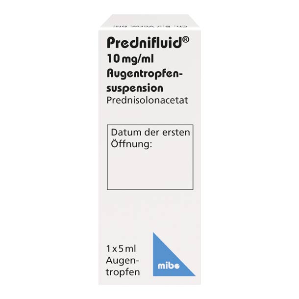 Weiße Schachtel mit Prednifluid-Augentropfensuspension, 10 mg/ml, mit Platz zum Eintragen des Datums des ersten Öffnens, 1 x 5 ml, von mibe.
