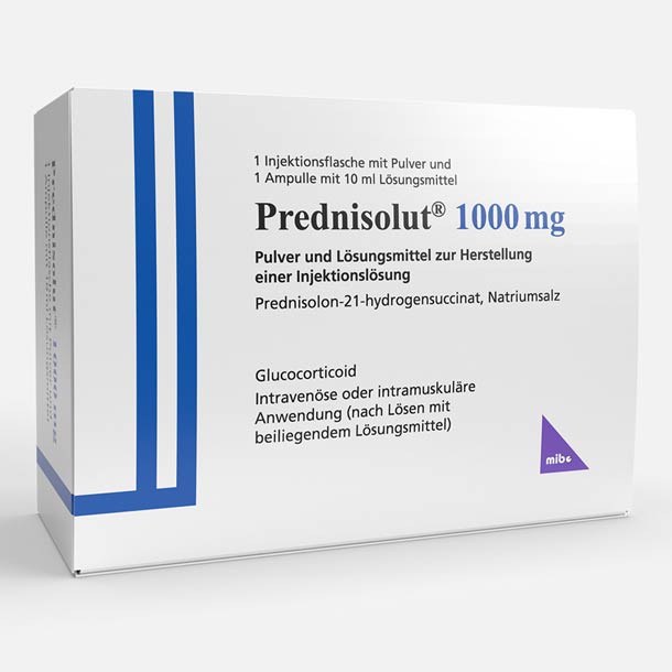 Weiße Schachtel mit Prednisolut 1000 mg, einem injizierbaren Glukokortikoid-Medikament, mit blauem und violettem Detail in deutscher Sprache.