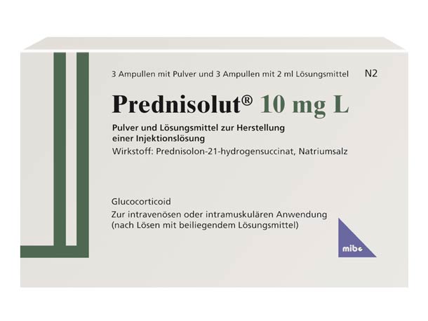 Schachtel Prednisolut 10 mg L mit deutschem Text, gekennzeichnet als Glukokortikoid; enthält Ampullen zur Zubereitung einer Injektionslösung.