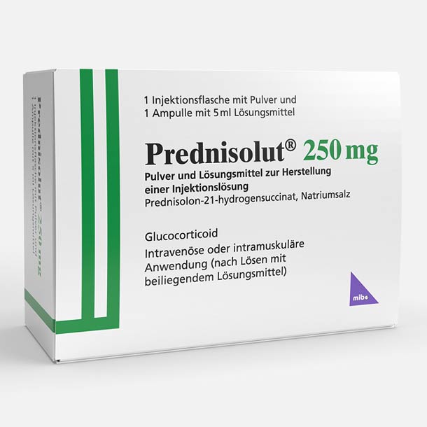 Weiße Schachtel mit Prednisolut 250 mg Injektion, einem Glukokortikoid-Medikament, mit grünen Akzenten und deutschem Text auf der Verpackung.