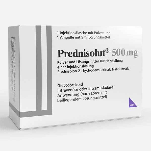 Packung mit Prednisolut 500 mg, einem Glukokortikoid-Injektionspulver und Lösungsmittel zur intravenösen oder intramuskulären Anwendung.