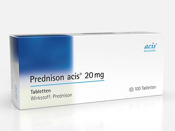 Eine Schachtel Prednison acis 20 mg mit 100 Tabletten; die Verpackung ist weiß mit blauen Details.