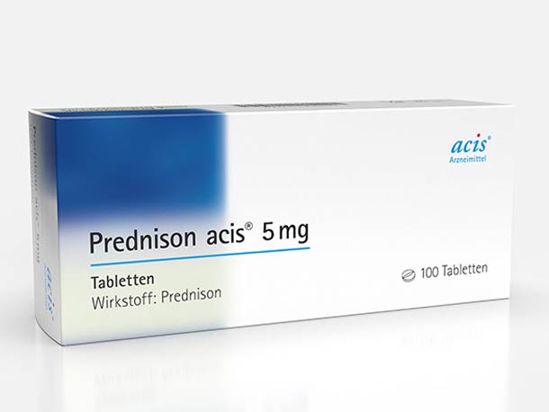 Eine Schachtel mit Prednison acis 5 mg, enthält 100 Tabletten und blau-weiße Verpackung.