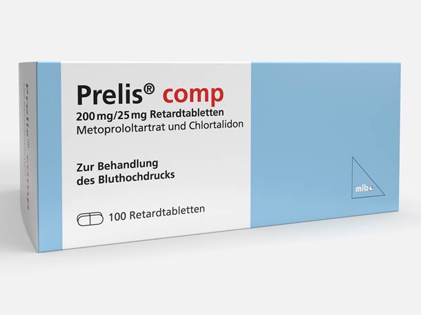 Weiß-blaue Schachtel Prelis comp 200 mg/25 mg Retardtabletten zur Behandlung von Bluthochdruck, enthält 100 Tabletten.