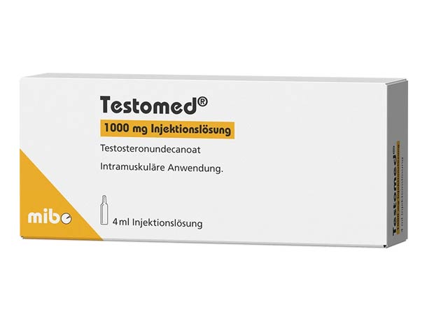 Schachtel Testomed 1000 mg Injektionslösung von mibe, weiß mit gelben Details, zur intramuskulären Anwendung.