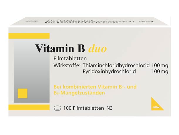 Weiße Schachtel der Vitamin B Duo-Filmtabletten mit gelben Designelementen und deutscher Beschriftung.