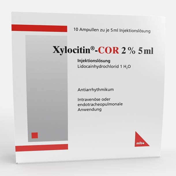 Xylocitin-COR 2% Injektionslösung (5 ml) von mibe in weißer Schachtel mit roten Akzenten.