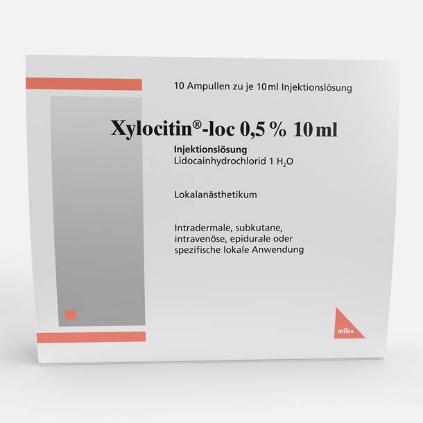 Schachtel Xylocitin-loc 0,5% 10ml Injektionslösung zur lokalen Anästhesie, enthält 10 Ampullen.