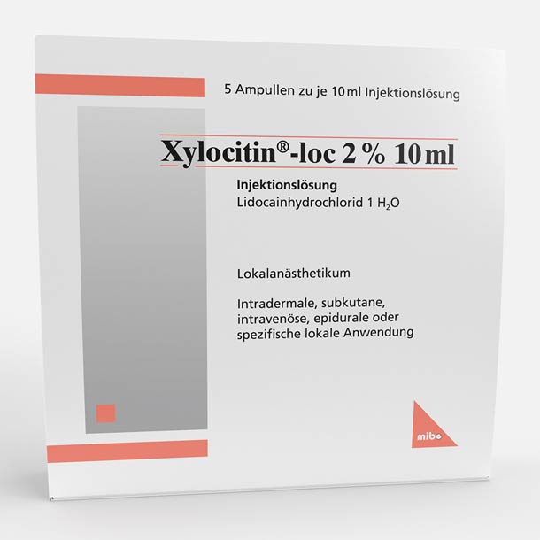 Schachtel Xylocitin-loc 2% 10ml Injektionslösung zur lokalen Anästhesie.