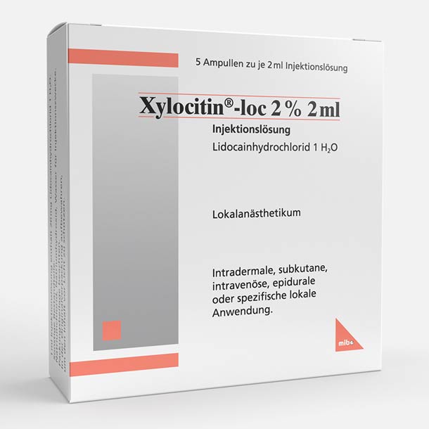 Schachtel Xylocitin-loc 2% 2ml Injektionslösung, zur lokalen Anästhesie.