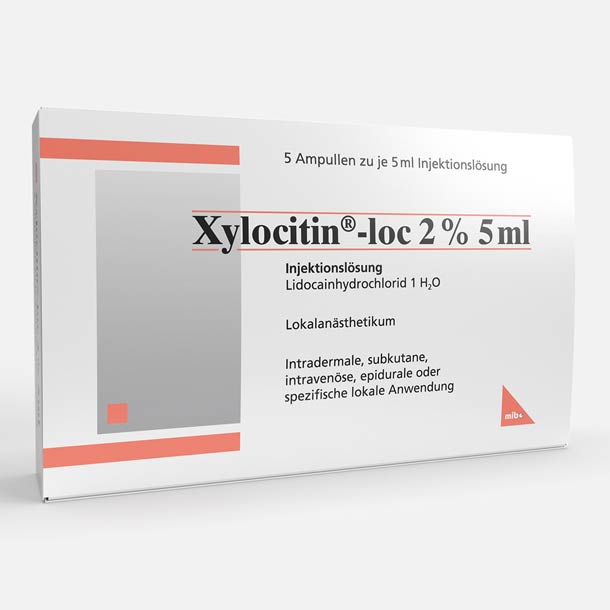 Schachtel Xylocitin-loc 2% 5ml Injektionslösung, zur lokalen Anästhesie.