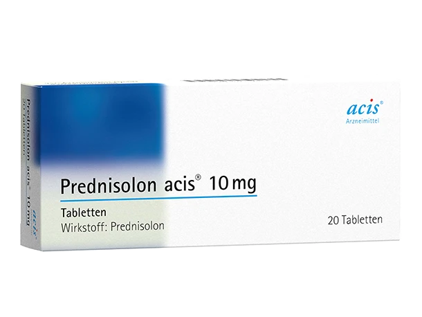 Eine Schachtel mit Prednisolon acis 10 mg, enthält 100 Tabletten und hat eine blau-weiße Verpackung.