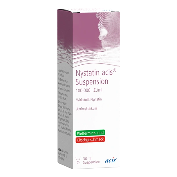 Packung Nystatin acis Suspension, 100.000 I.E./ml, 30 ml, Antimykotikum mit Pfefferminz- und Kirschgeschmack, weiß-rosa Hintergrund und Darstellung eines Gesichts mit Fokus auf den Mund.
