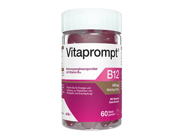 Eine Flasche Vitaprompt B12-Gummis mit weißem Verschluss und rosa Etikett, die 60 Vitaminpräparate mit Beerengeschmack enthält.