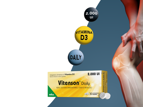 Una scatola di integratori Vitenson Daily di vitamina D3 con l'immagine di un'articolazione del ginocchio e bolle di testo che sottolineano le 2.000 UI e l'assunzione giornaliera.