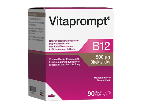 Eine Schachtel Vitaprompt B12-Ergänzungspräparat mit 90 Direktstäbchen, je 500 µg, für Energie und gegen Müdigkeit, Geschmacksrichtung Waldbeere.
