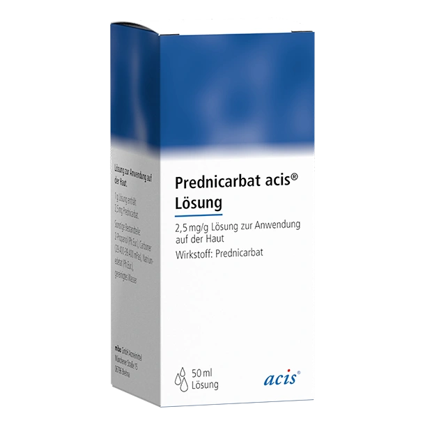 Weiß-blaue Schachtel mit Prednicarbat acis Lösung, einer 2,5 mg/g Hautlösung, 50 ml, mit deutschem Text auf der Verpackung.