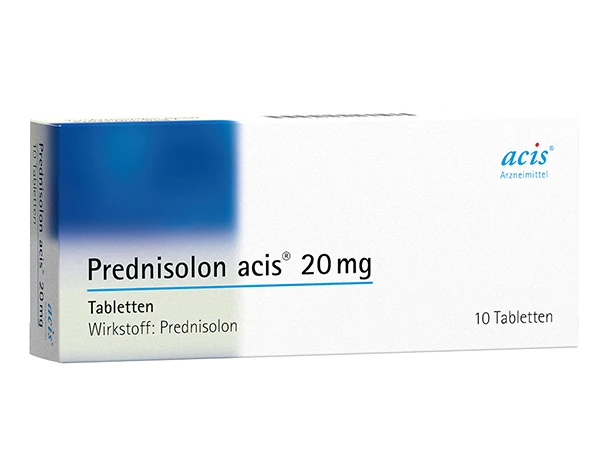 Schachtel mit Prednisolon acis 20 mg, 100 Tabletten, mit weiß-blauer Verpackung.