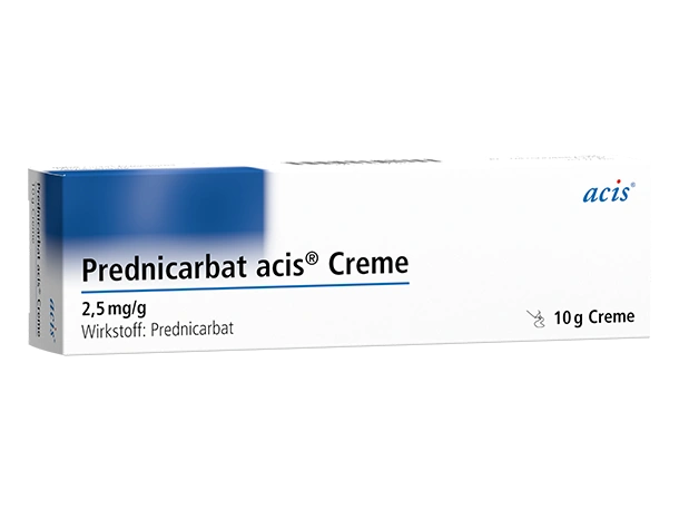 Schachtel Prednicarbat acis Creme, 2,5 mg/g, 10 g, mit blau-weißer Verpackung.