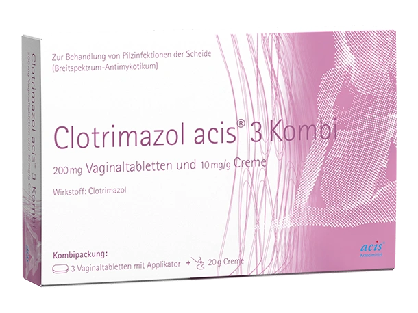 Eine rosa-weiße Schachtel mit der Aufschrift „Clotrimazol acis 3 Kombi“, die Vaginaltabletten mit Applikator und 20 g Creme enthält.